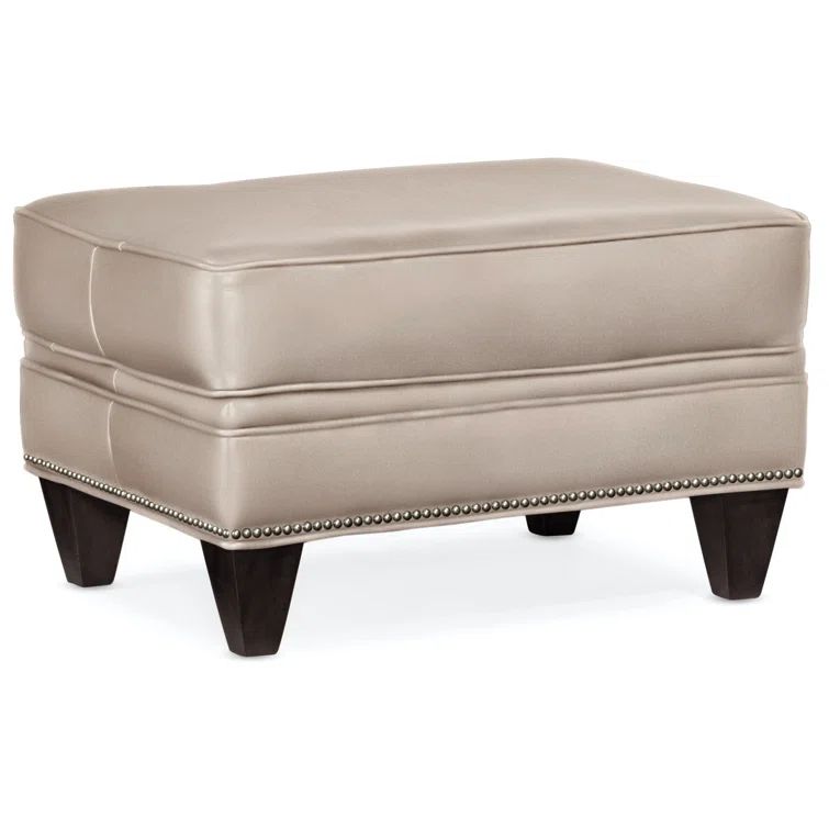 Khaki Genuine Leather Ottoman with Gunmetal Nailhead Detail