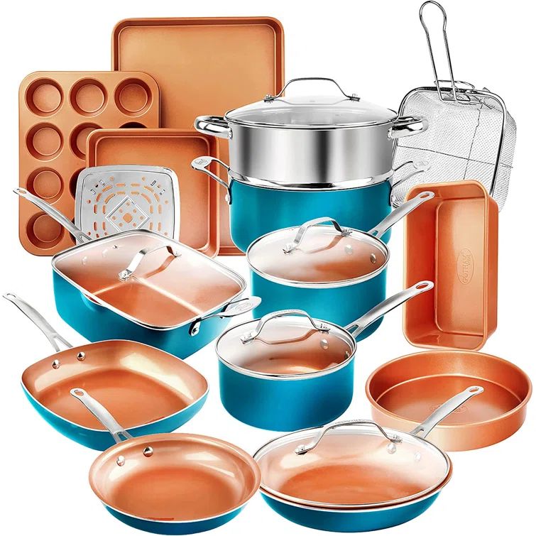 20 Piece Turquoise and Copper Nonstick Cookware and Bakeware Set