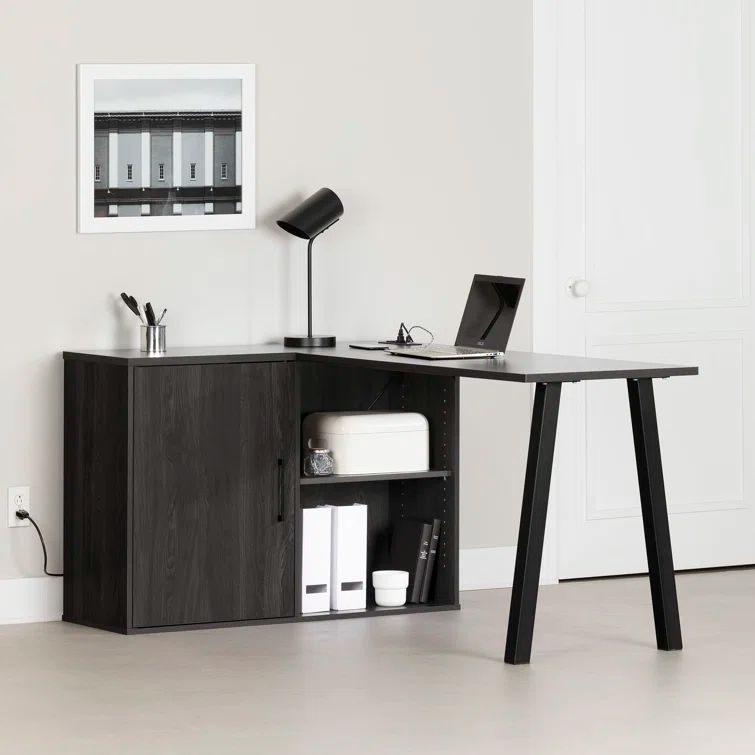 Gray Oak L-Shaped Corner Desk with USB Port and Filing Cabinet