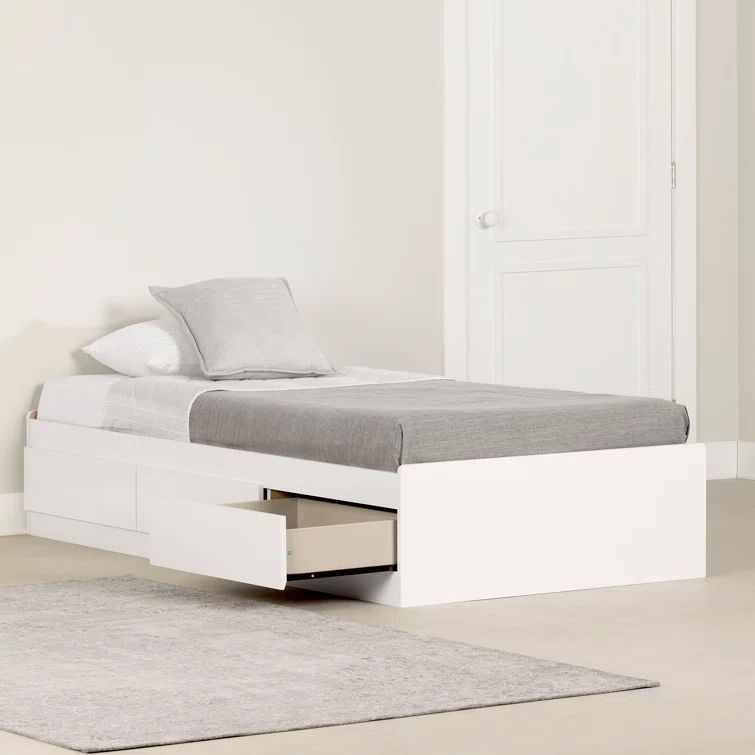 White Twin Wood Frame Platform Bed with Storage Drawers