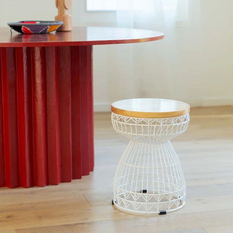 Compact White Oak & Iron Hourglass Accent Stool