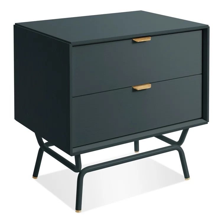 Navy Green Wood 2 Drawer Nightstand with Brass Pulls