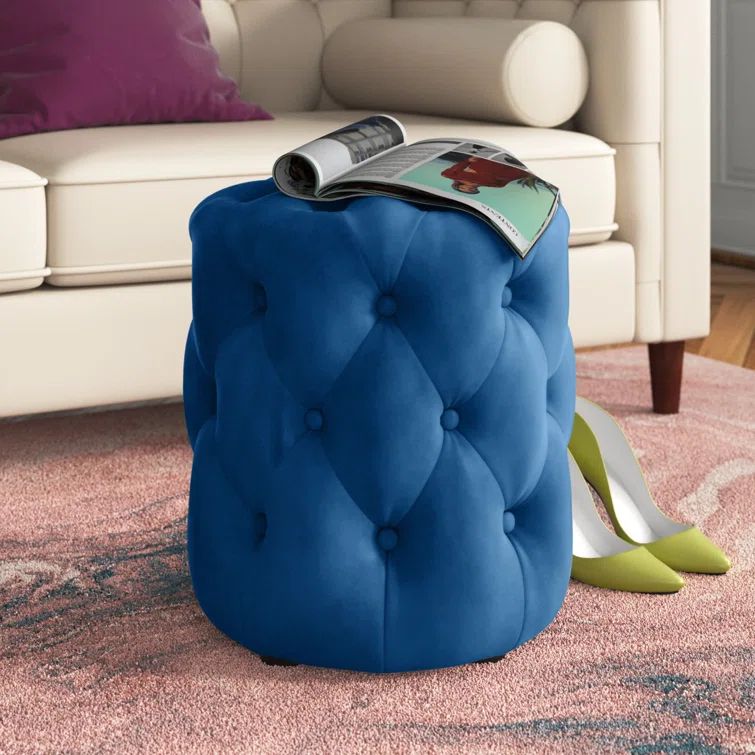 Amour Navy Blue Tufted Velvet Round Pouf Ottoman