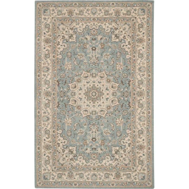 Aqua and Ivory Floral Elegance Wool Blend Area Rug, 5'6" x 8'3"