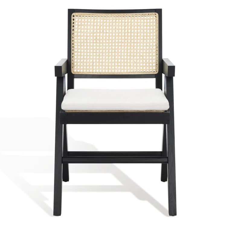 Colette Contemporary Black and Natural Ash Wood Rattan Dining Armchair