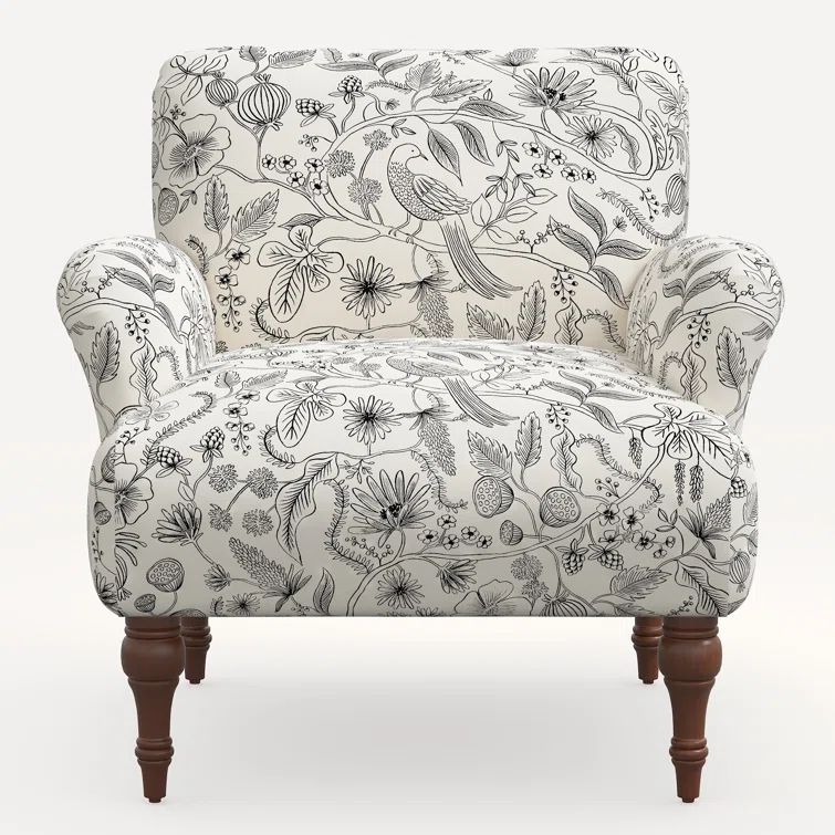 Black and White Floral Linen Blend Accent Armchair