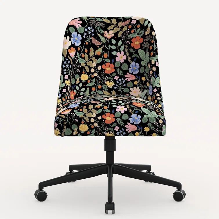 Black Floral Upholstered Office Chair with Solid Wood Frame