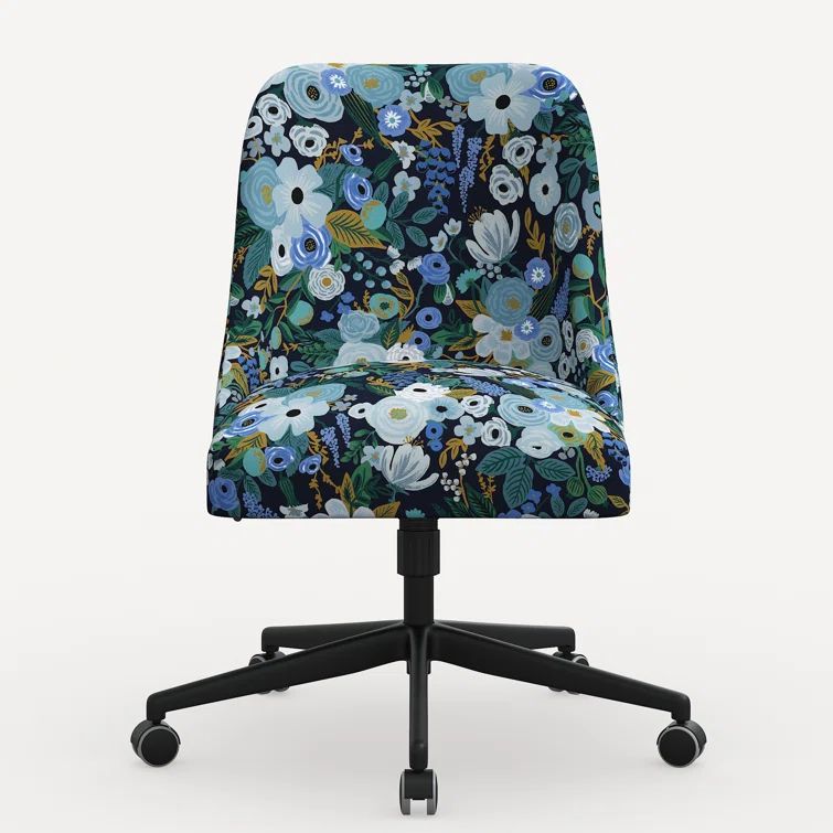 Blue Floral Linen Upholstered Office Chair with Black Base