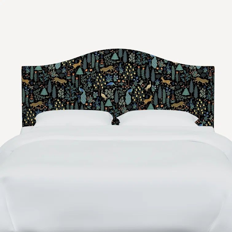 Black Linen Upholstered Queen Panel Headboard with Menagerie Pattern