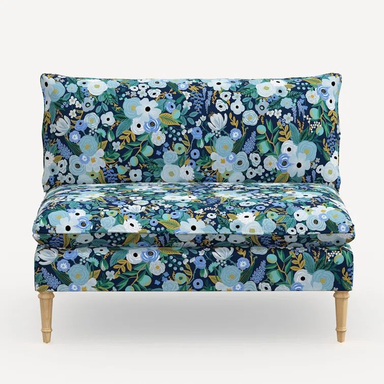 Blue Garden Party Linen Blend Armless Settee with Pine Legs