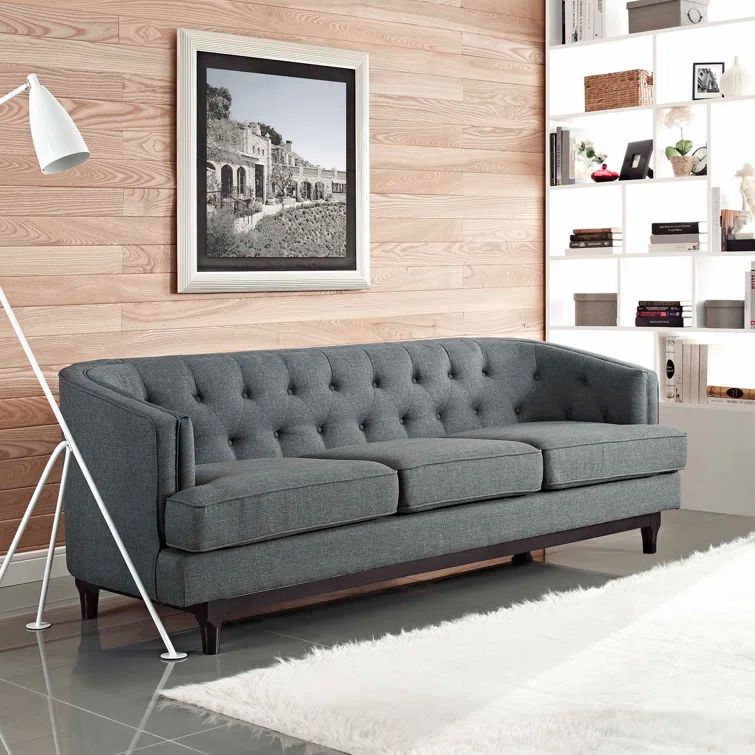 Gray Tufted Fabric Sofa with Walnut Wood Base