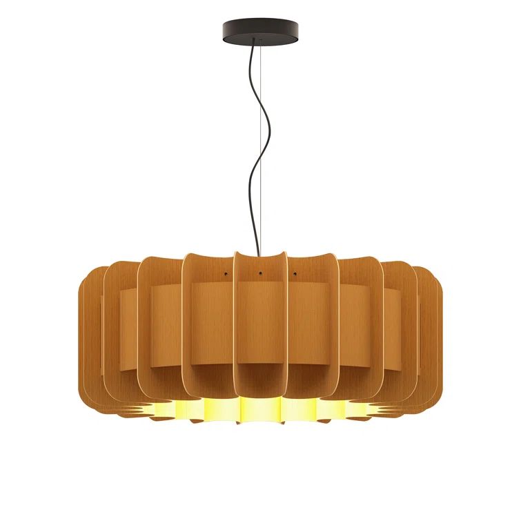 Petribi Wood Veneer Drum Pendant Light with Black Finish