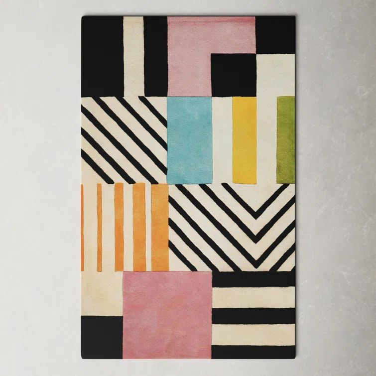 Geometric Black and Ivory Handmade Tufted Wool Rug 4' x 6'