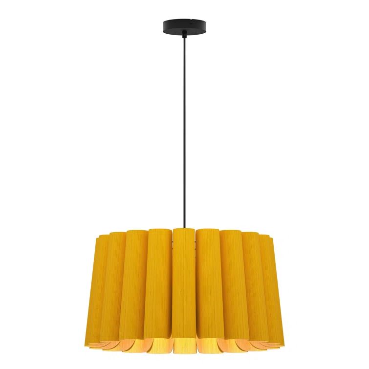 Yellow Recycled Wood Veneer Drum Pendant Light with Black Cord
