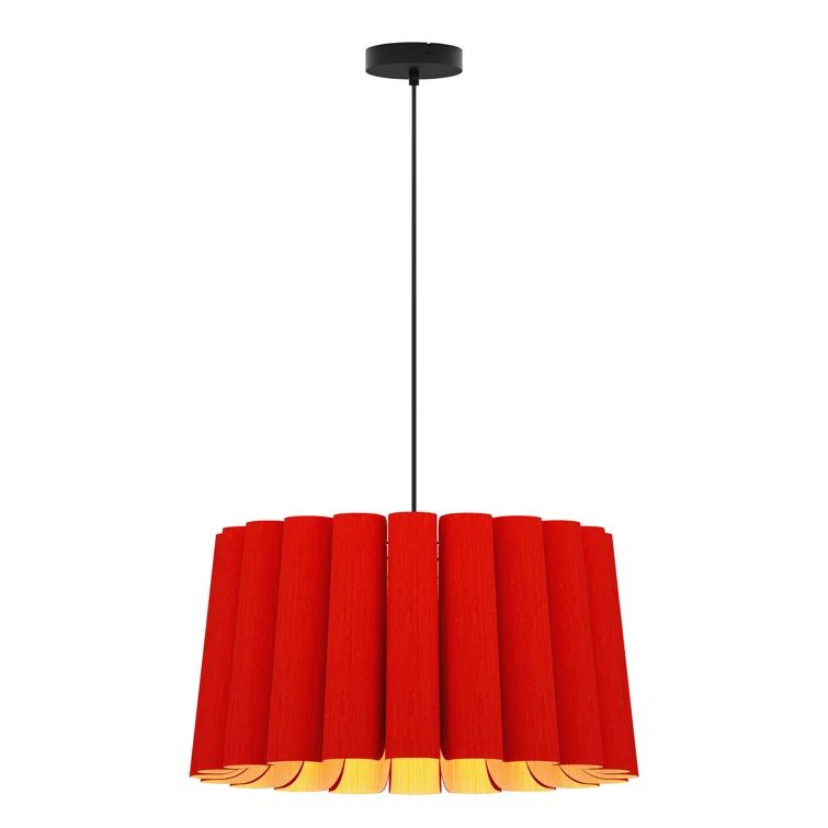 Red Recycled Wood Veneer Drum Pendant Light with Black Cord