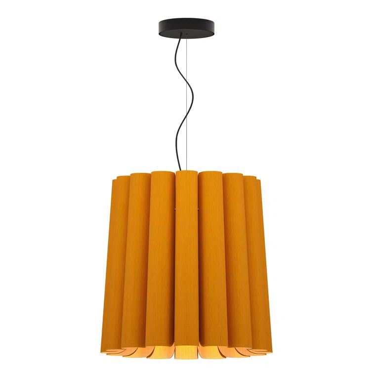 Ocher Recycled Wood Veneer Drum Pendant Light with Black Cord