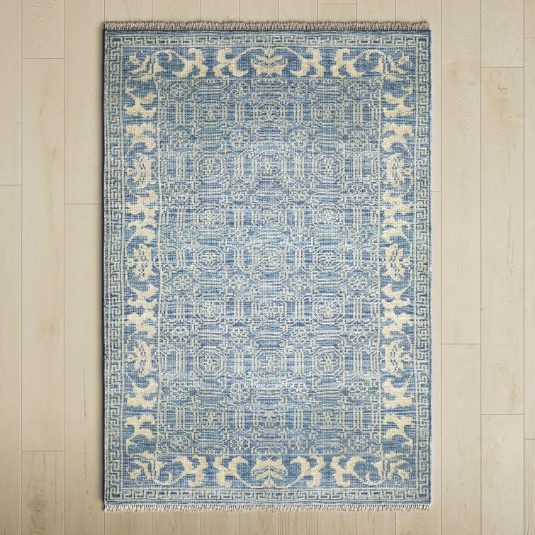 Addie Geometric Hand-Knotted Denim and Cream Wool Area Rug, 8'6" x 11'6"