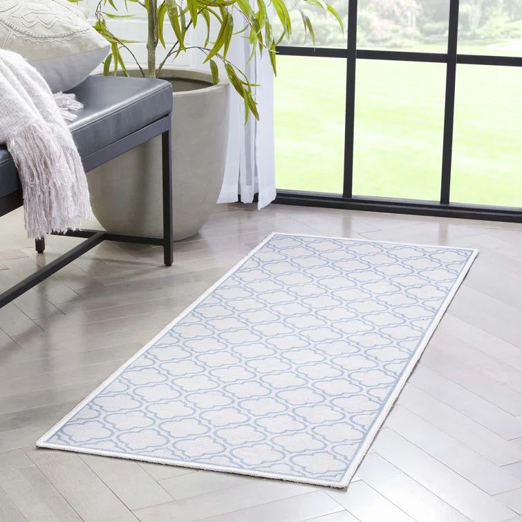 Apollo Trellis Ivory and Dark Blue Washable Chenille Runner Rug