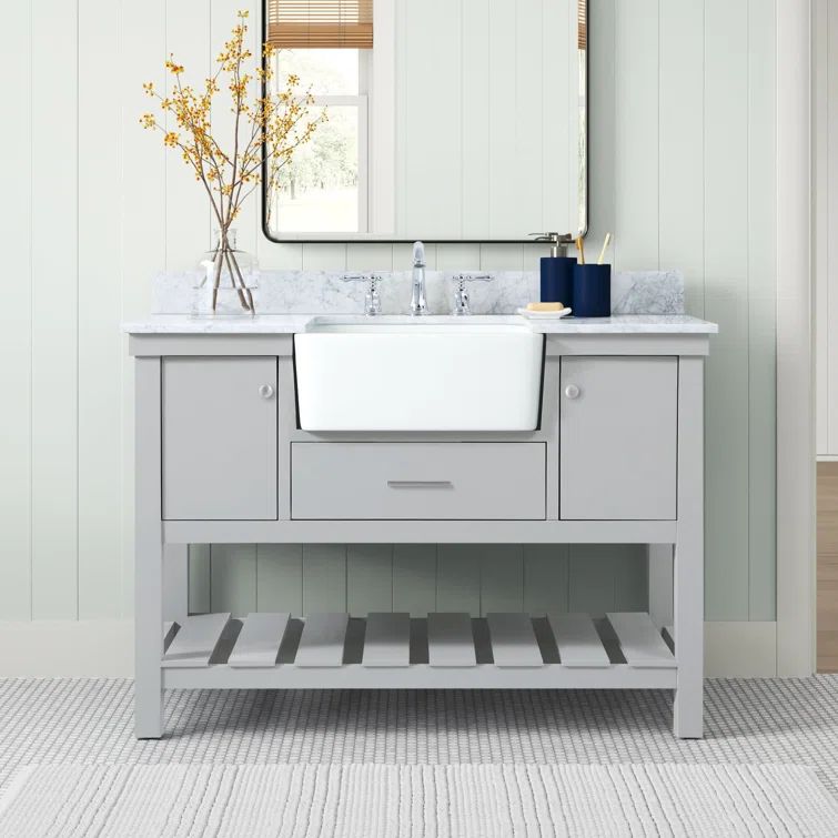 Gray Solid Wood and MDF Single Bathroom Vanity with Carrara Marble Top