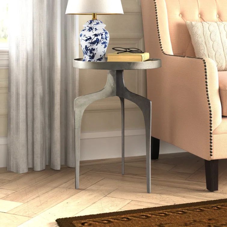 Round Silver Reclaimed Aluminum Tray Top End Table