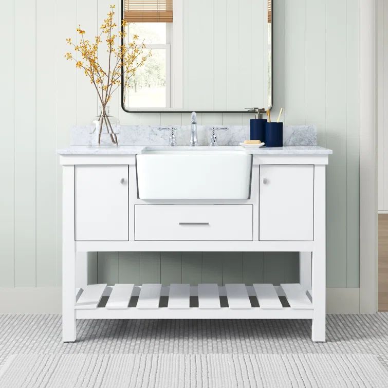 Clement 48" White Solid Wood and MDF Bathroom Vanity with Carrara Marble Top