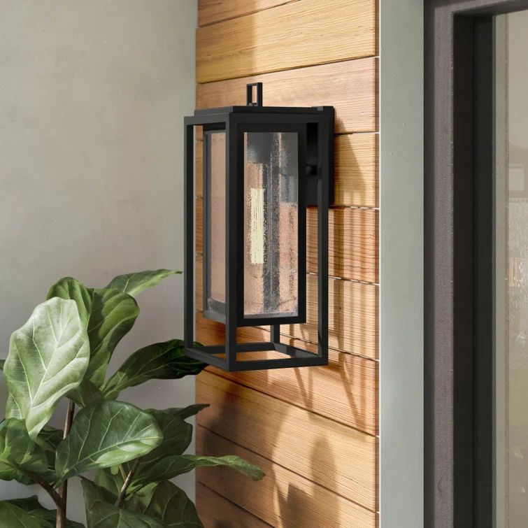 Black 16" Modern Outdoor Wall Light with Clear Seedy Glass