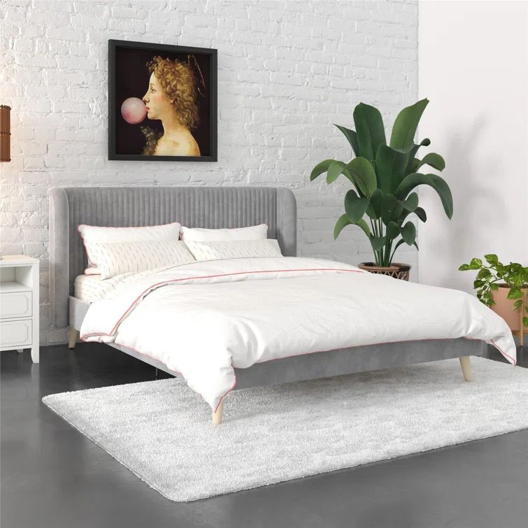 Light Gray Velvet Queen Wingback Bed with Tufted Upholstery