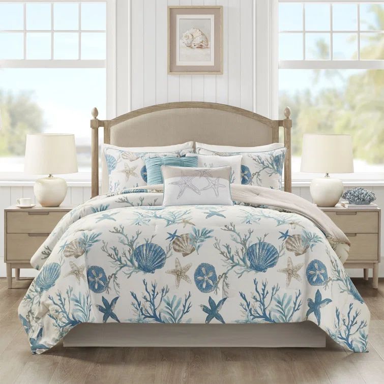 Aqua Coastal Queen Cotton Comforter Set with Decorative Pillows