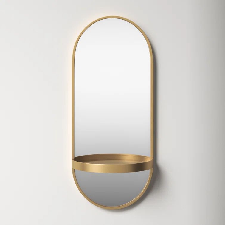 Estero Glam Gold Metal Capsule Wall Mirror with Shelf, 16x38