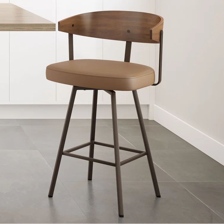 Tan Faux Leather and Dark Brown Wood Swivel Counter Stool