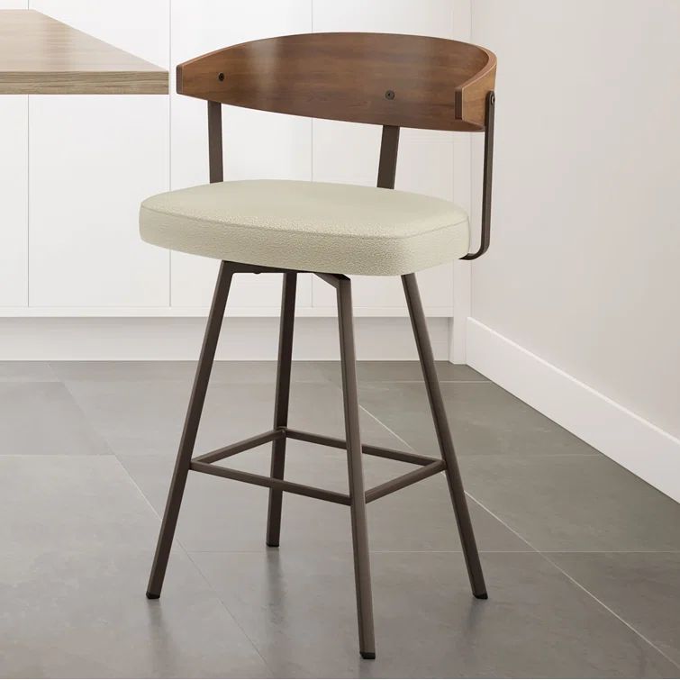 Cream and Dark Brown Swivel Counter Stool with Wooden Back