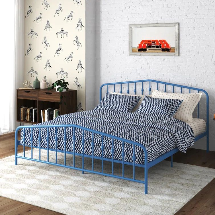 Sea Blue King Metal Frame Upholstered Bed with Drawer