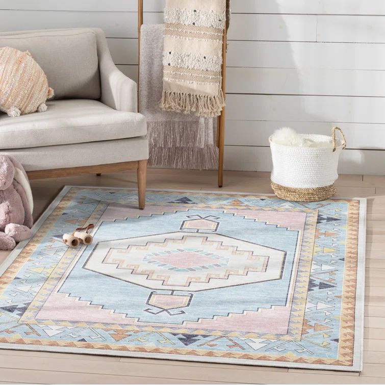 Apollo Pink and Blue Polyester Chenille Kids Area Rug 5' x 7'