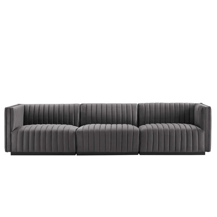 Elegant Black Gray Channel Tufted Velvet 3-Seater Sofa