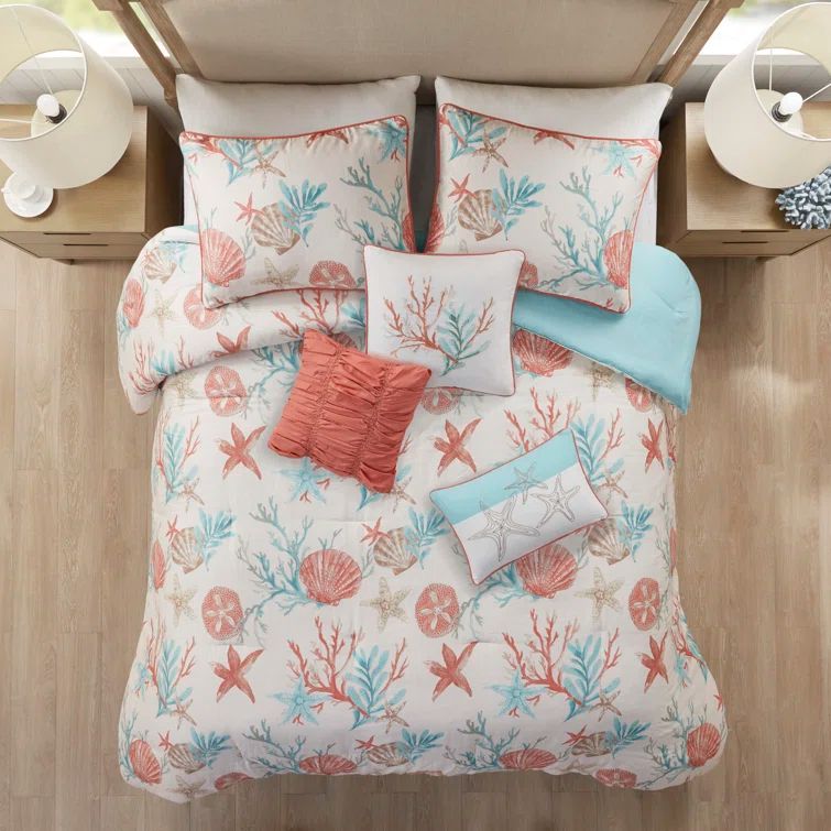 King Coastal Coral and Teal Cotton Comforter Set
