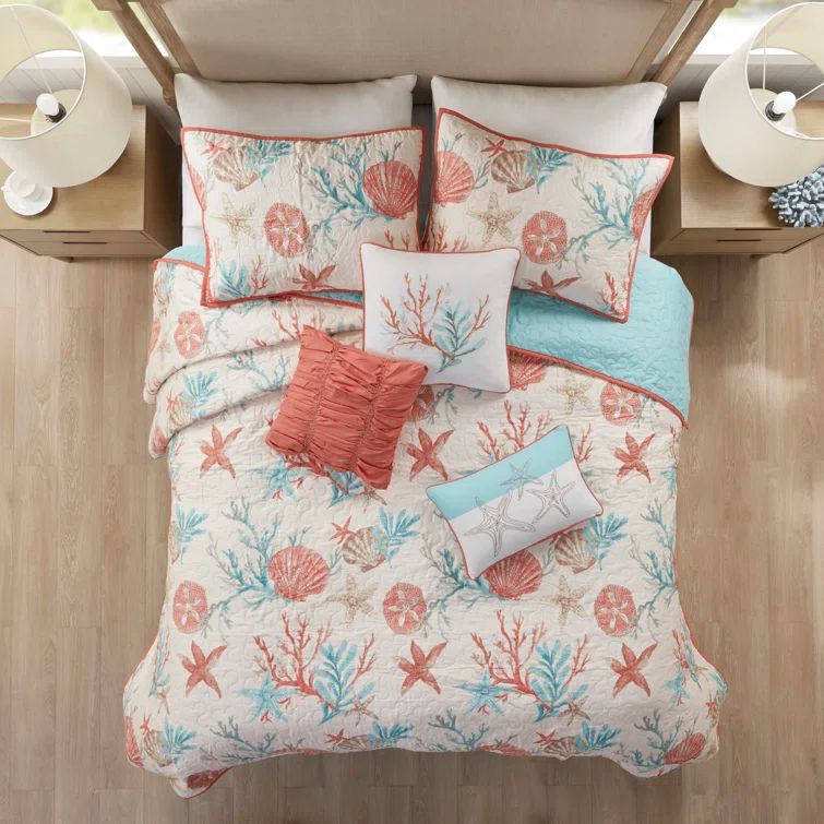 Coral and Teal Coastal Cotton Duvet Cover Set, Full/Queen, 6 Pieces