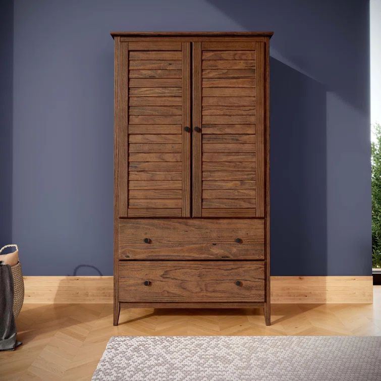 Brushed Walnut Coastal Solid Wood Armoire with Louvered Doors