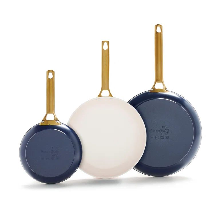 Twilight Blue Ceramic Nonstick Fry Pan Set with Gold Handles