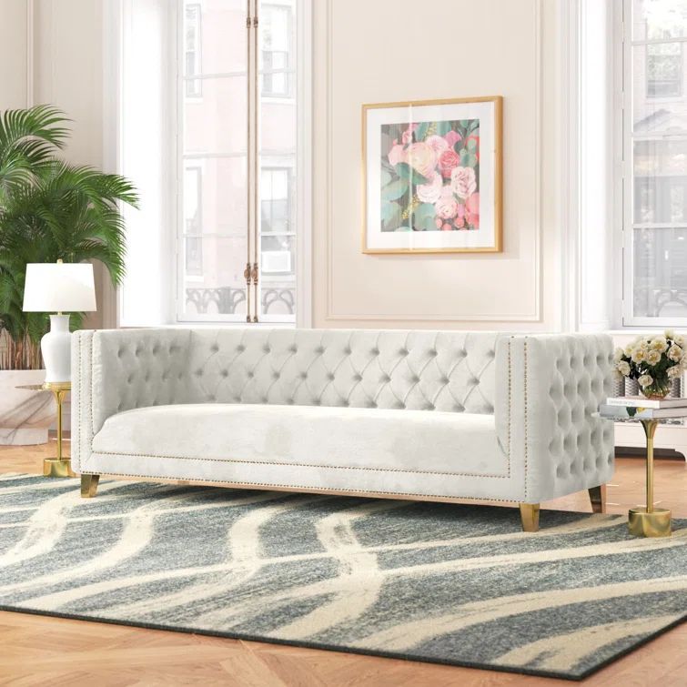 Michelle 90'' Cream Velvet Tufted Sofa with Gold Nailhead Trim