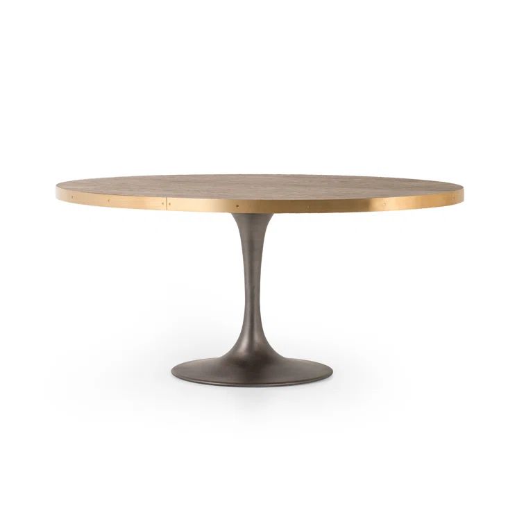 Round Oak and Iron Dining Table with Gold Accents