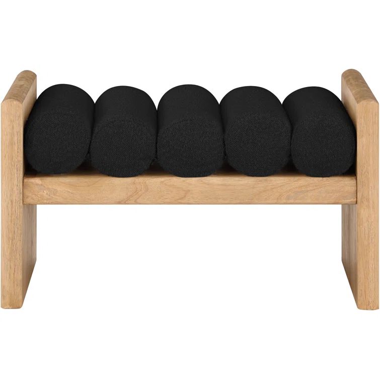 Natural Rubber Wood Bench with Black Boucle Cushion Rolls