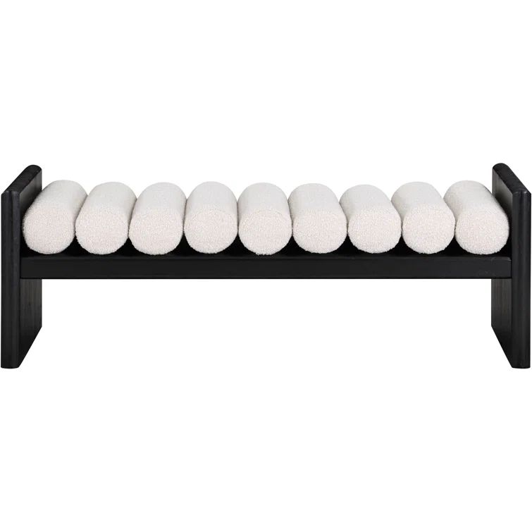 Contemporary Black Wood Bench with Rich Green Boucle Cushion