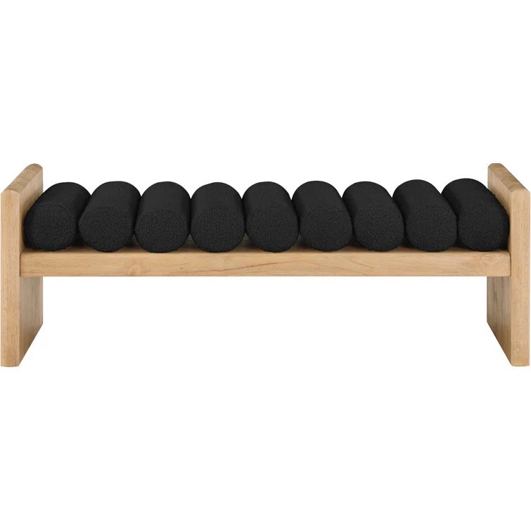 Natural Wood Bench with Black Boucle Fabric Cushions