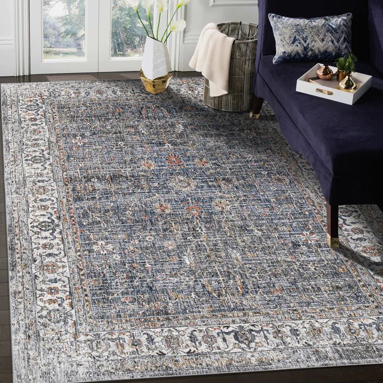 Charcoal Rectangular Oriental Synthetic Area Rug 5'3" x 7'6"