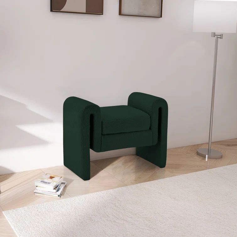Contemporary Green Boucle Upholstered Bench with Curved Arms