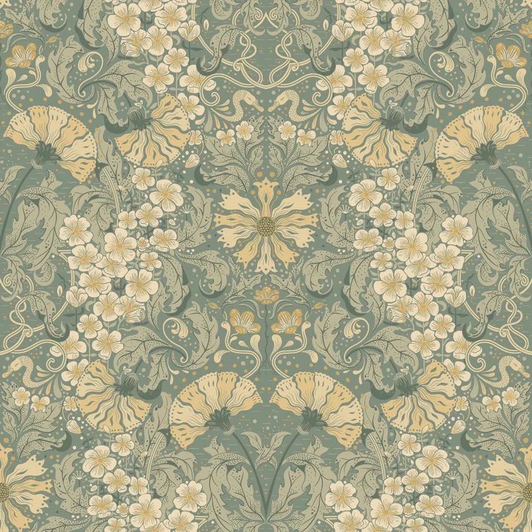 Ojvind Sea Green and Yellow Floral Damask Wallpaper Roll