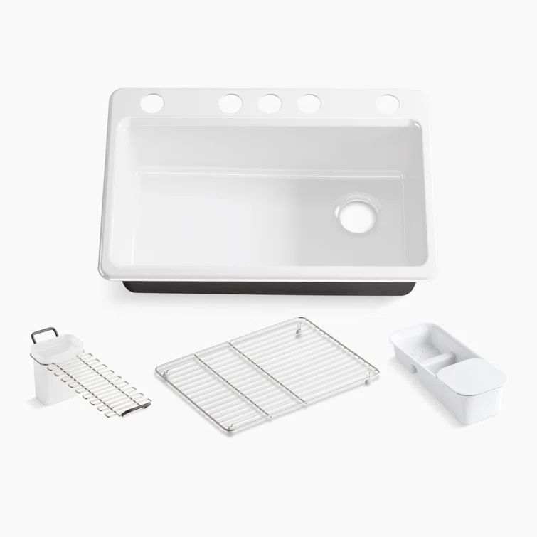 White Cast Iron Single Bowl Kitchen Sink with Accessories