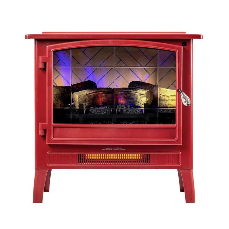 Deep Red Metal Freestanding Electric Fireplace with Faux Logs