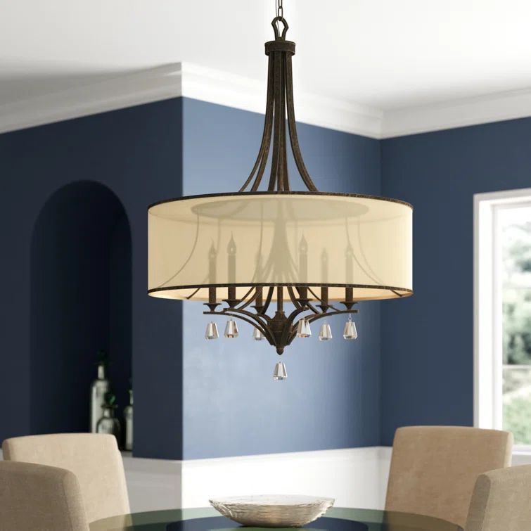 French Bronze Crystal Drum Chandelier with Amber Sheer Shade