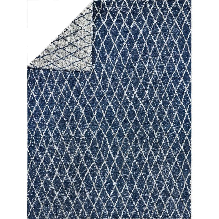 Navy and White Geometric Synthetic 6' x 9' Flatweave Rug